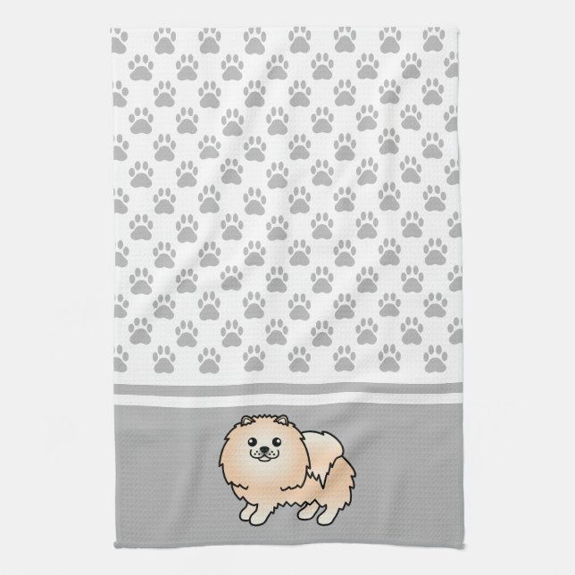 Cream Pomeranian With Grey Paws Pattern Tea Towel (Vertical)