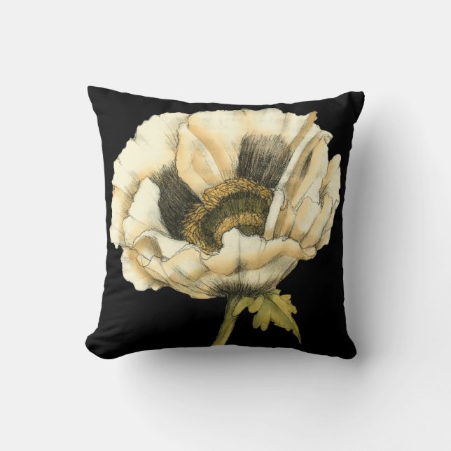 Cream Poppy Flower on Black Background Cushion (Front)