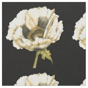 Cream Poppy Flower on Black Background Fabric
