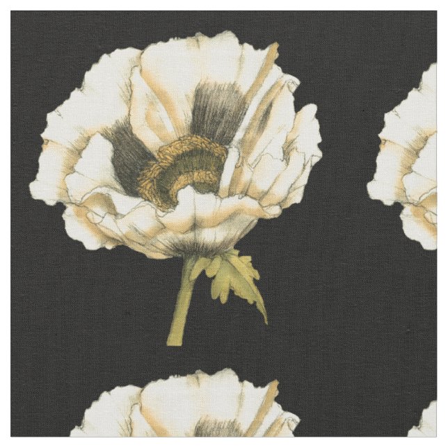 Cream Poppy Flower on Black Background Fabric (Close Up)