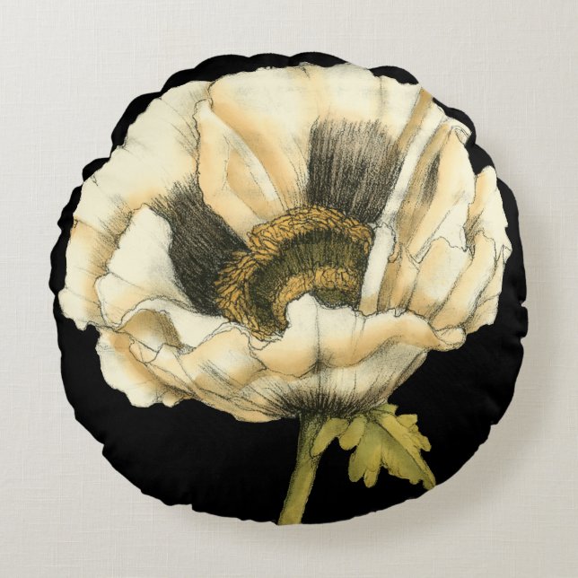Cream Poppy Flower on Black Background Round Cushion (Front)