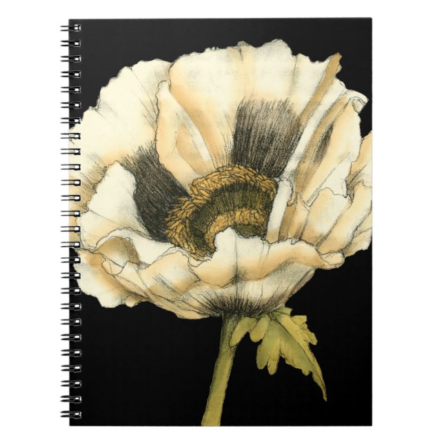 Cream Poppy Flower on Black Background Spiral Notebook (Front)