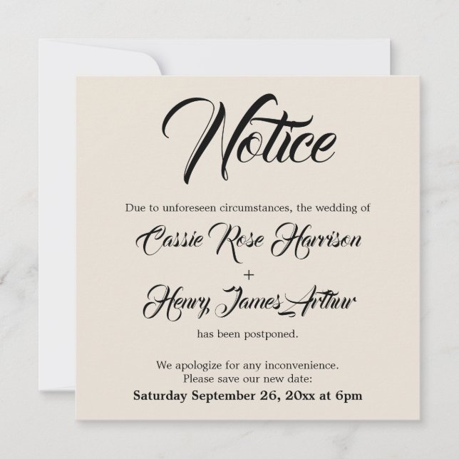 Cream Postponed Wedding Notice Announcement (Front)