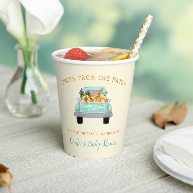 Cream Pumpkin On Way Farm Truck Fall Baby Shower Paper Cups (Insitu)