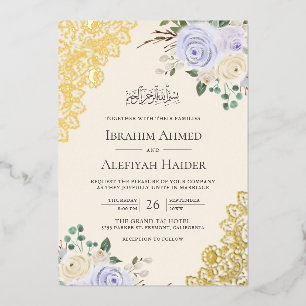 Cream Purple Floral Gold Lace Muslim Wedding