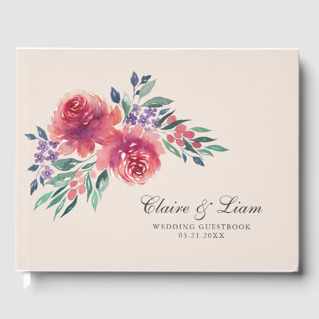 Cream & Purple Romantic Watercolor Floral Wedding Guest Book (Front)