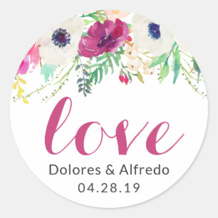 Cream Purple Watercolor Floral Love Script Classic Round Sticker