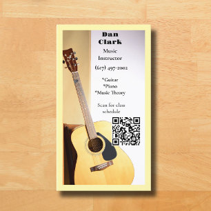 Cream QR Code Music Teacher Acoustic Guitar  Business Card