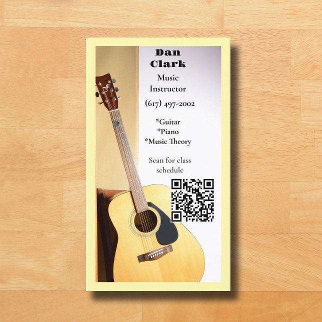 Cream QR Code Music Teacher Acoustic Guitar  Business Card (Cream Music Teacher Guitar  Business Card )
