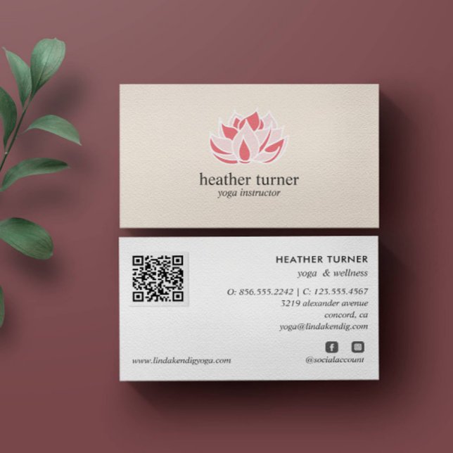 Cream QR CODE wellness spa massage yoga  Business Card (LOTUS FLOWER THEMED BUSINESS CARD WITH QR CODE AND SOCIAL ICONS)