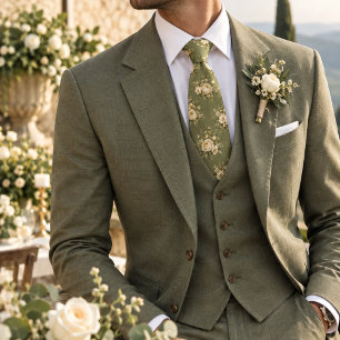 Cream Ranunculus Wildflower on Sage Green Floral Tie