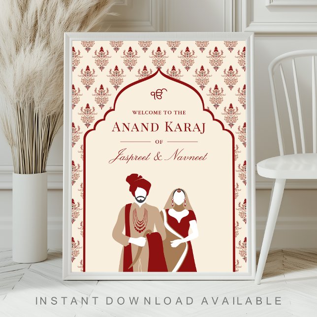 Cream Red Anand Karaj Sikh Wedding Welcome Sign (Creator Uploaded)