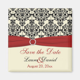 Cream, Red, and Black Damask Save the Date Magnet