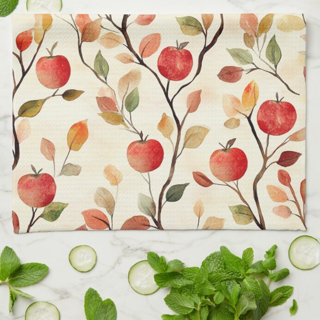 Cream Red Apples Leaves Tea Towel (Folded)
