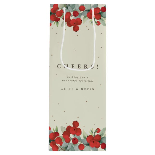 Cream Red Berry+Eucalyptus Christmas/Holiday Wine Gift Bag (Front)