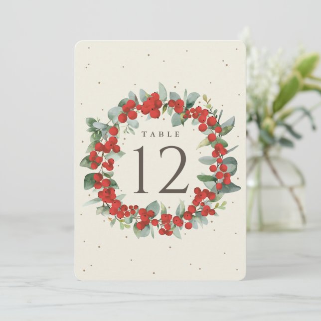 Cream Red Berry+Eucalyptus Christmas Table Number (Standing Front)