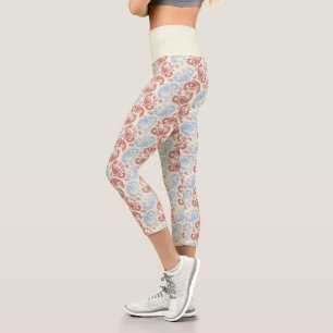 Cream-Red-Blue Paisley Pattern High Waisted Capris