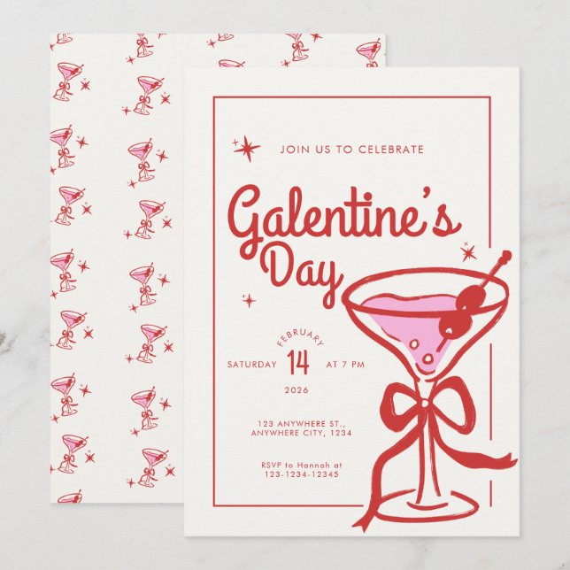 Cream Red Bow Cocktail Galentine’s Day Invitation (Front/Back)