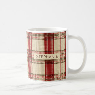 Cream Red Brown Cosy Knit Tartan Plaid Coffee Mug