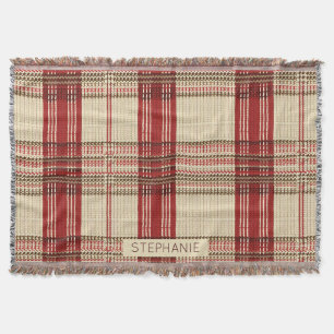 Cream Red Brown Cosy Knit Tartan Plaid Throw Blanket