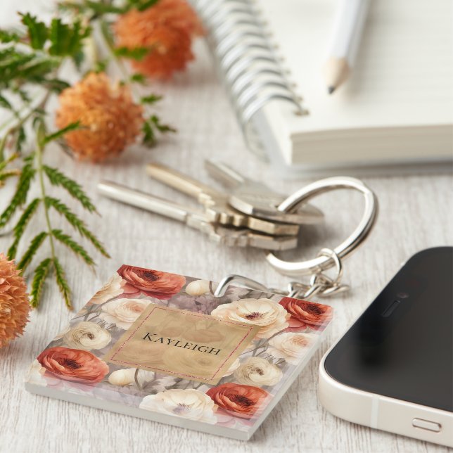 Cream Red Burgundy Floral   Key Ring (Front Right)