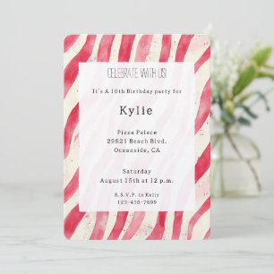 Cream Red Candy Cane Stripes Birthday   Invitation