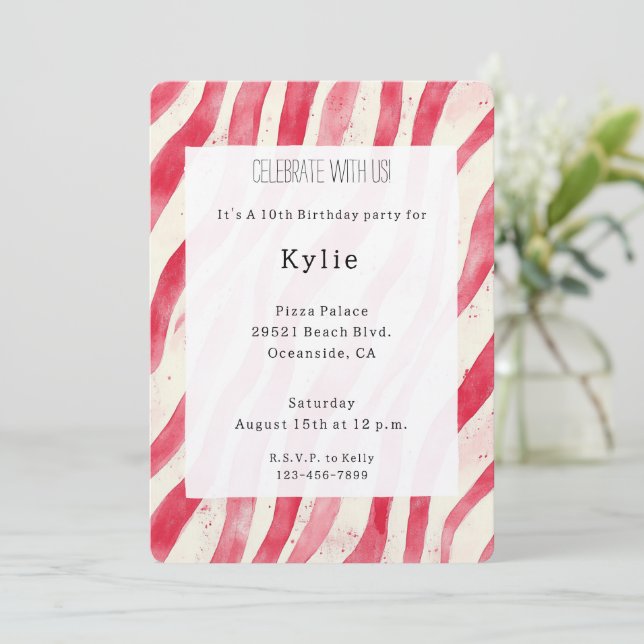 Cream Red Candy Cane Stripes Birthday   Invitation (Standing Front)
