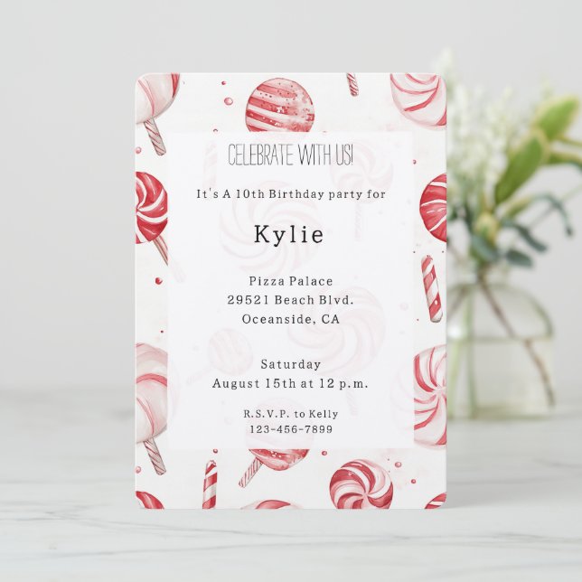 Cream Red Candy Cane Stripes Lollipops Birthday   Invitation (Standing Front)