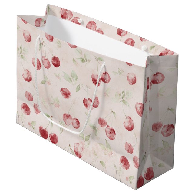 Cream Red Cherries Birthday Large Gift Bag (Front Angled)