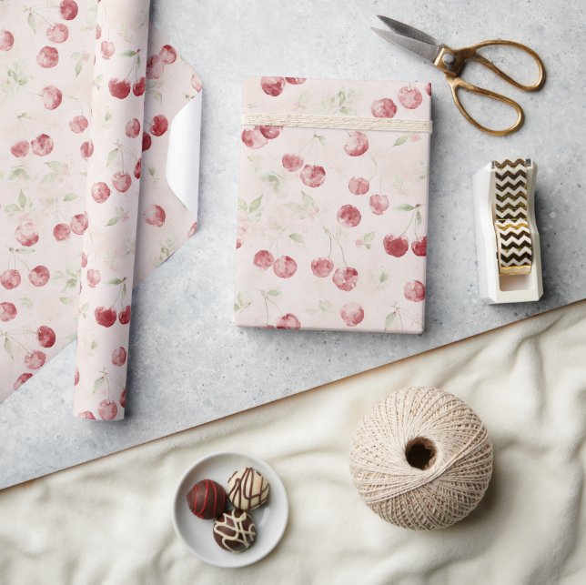 Cream Red Cherries Birthday Wrapping Paper (Crafts)