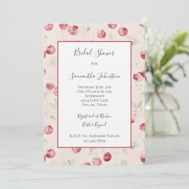 Cream Red Cherries Bridal Shower  Invitation (Standing Front)