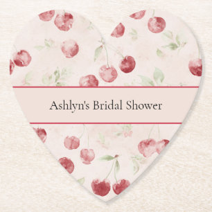 Cream Red Cherries Bridal Shower Paper Coaster