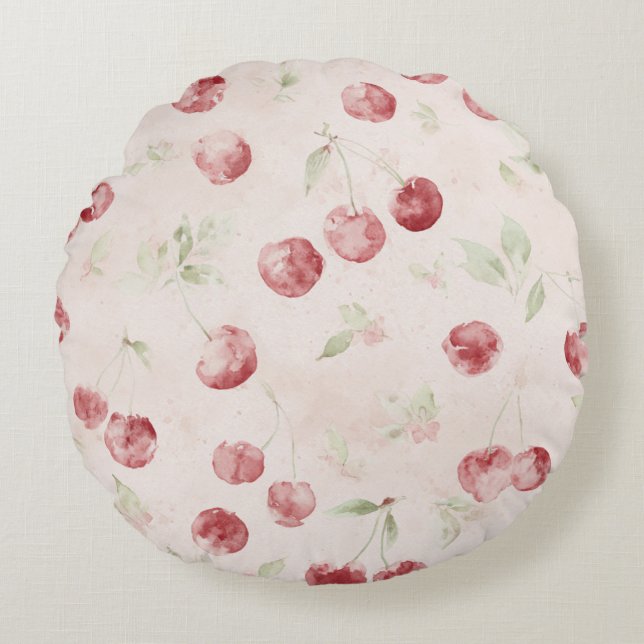 Cream Red Cherries Stripes Round Cushion (Front)