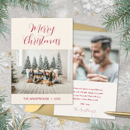Cream Red Elegant Script Two Photo Christmas Holiday Card