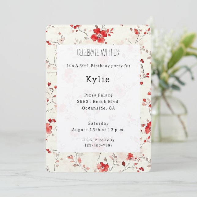 Cream Red Floral Birthday   Invitation (Standing Front)
