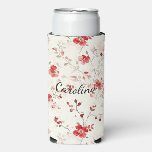 Cream Red Flowers Seltzer Can Cooler
