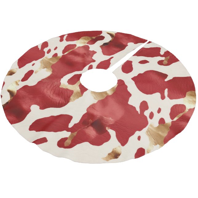 Cream Red Gold Western Cowhide Howdy Brushed Polyester Tree Skirt (Angled)