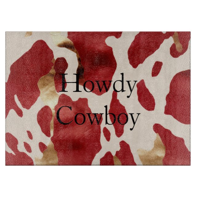 Cream Red Gold Western Cowhide Howdy Cutting Board (Front)