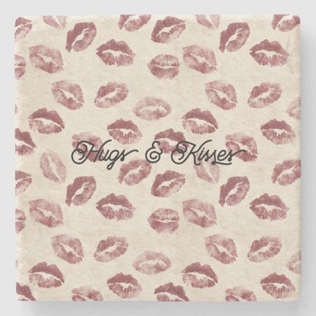 Cream Red Lips Kisses Stone Coaster (Front)