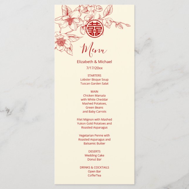 Cream Red Magnolia Chinese Wedding Menu Card (Front)