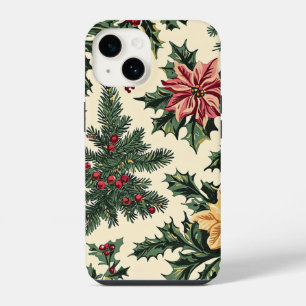 Cream Red Poinsettia Holly Christmas Pattern iPhone 14 Case