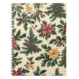 Cream Red Poinsettia Holly Christmas Pattern Notebook