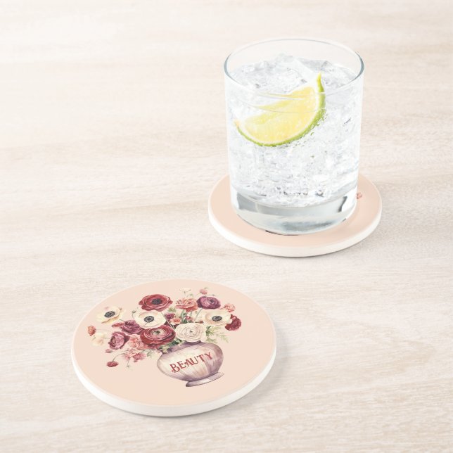 Cream Red Ranunculus Flowers Coaster (Side)