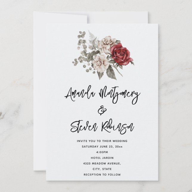 Cream & Red Rose Boho Floral Bouquet Wedding Invitation (Front)