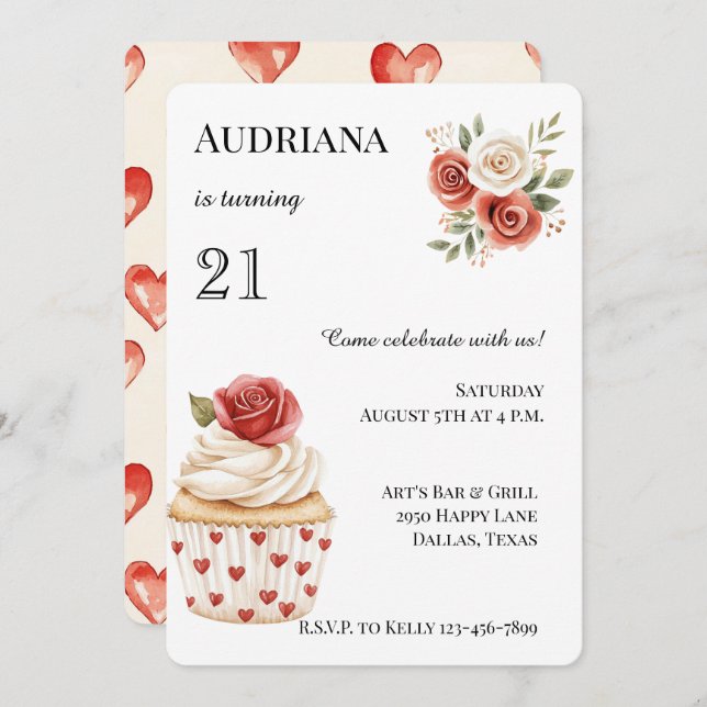 Cream Red Rose Cupcake Hearts Floral Birthday Invitation (Front/Back)