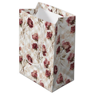 Cream Red Roses Flowers Bridal Shower Medium Gift Bag