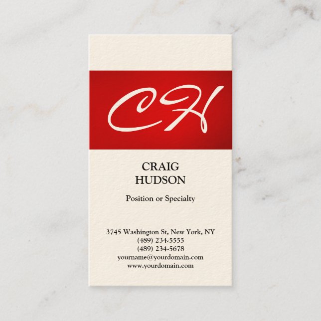 Cream Red Stripe Monogram Modern Business Card (Front)