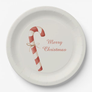 Cream Red White Candy Cane Christmas Paper Plate