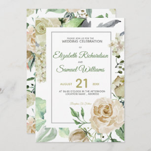 Cream Rose Bud Hydrangea Watercolor Classic Invitation