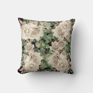CREAM ROSE EUCALYPTUS FLORAL BOTANICAL BLACK CUSHION